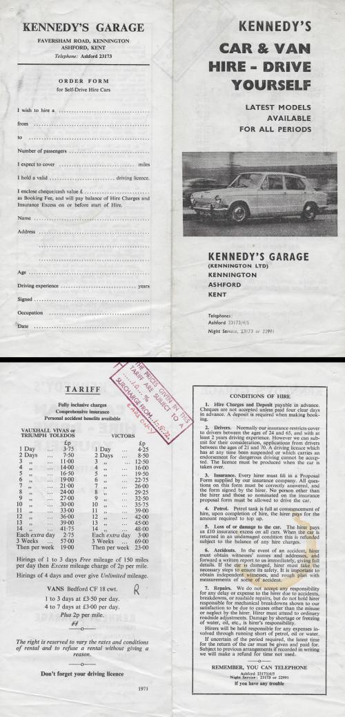 Photo: Car & Van Hire Tariff from 1972